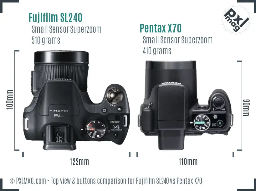 Fujifilm SL240 vs Pentax X70 top view buttons comparison