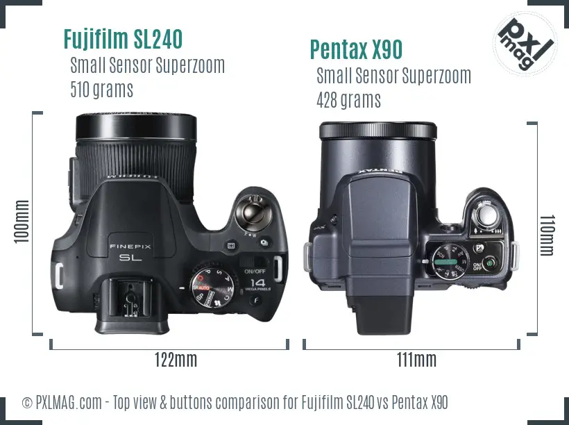 Fujifilm SL240 vs Pentax X90 top view buttons comparison