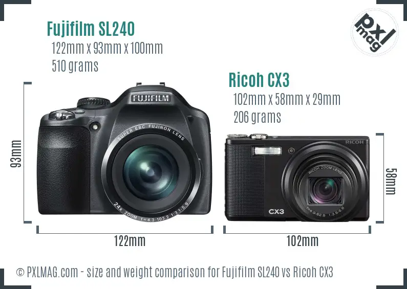 Fujifilm SL240 vs Ricoh CX3 size comparison