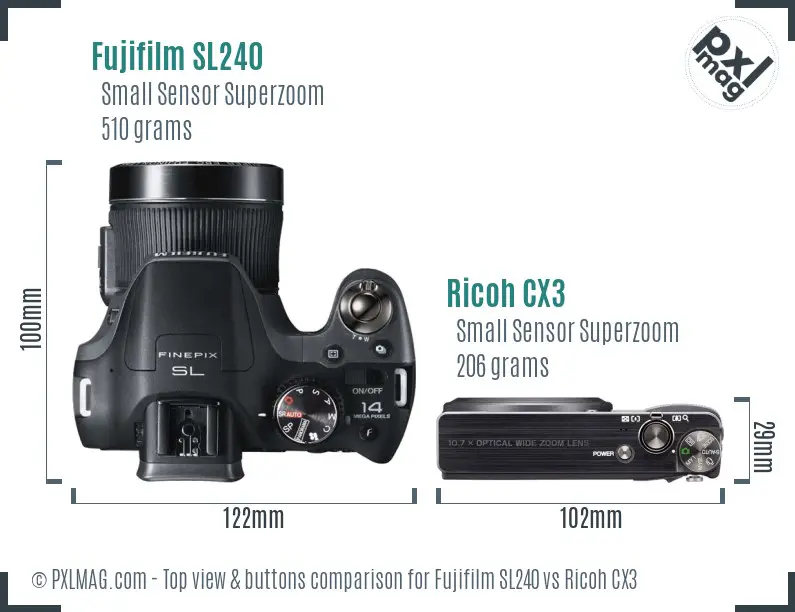 Fujifilm SL240 vs Ricoh CX3 top view buttons comparison