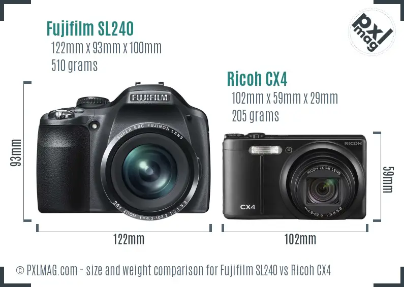 Fujifilm SL240 vs Ricoh CX4 size comparison