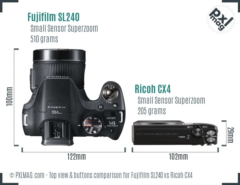 Fujifilm SL240 vs Ricoh CX4 top view buttons comparison