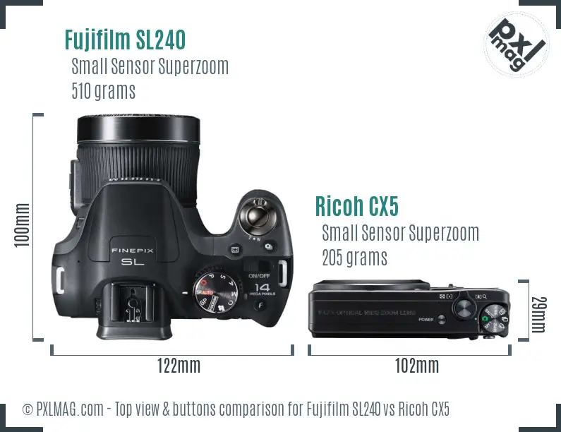 Fujifilm SL240 vs Ricoh CX5 top view buttons comparison Fujifilm SL240 vs Ricoh CX5 top view buttons comparison