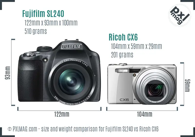 Fujifilm SL240 vs Ricoh CX6 size comparison