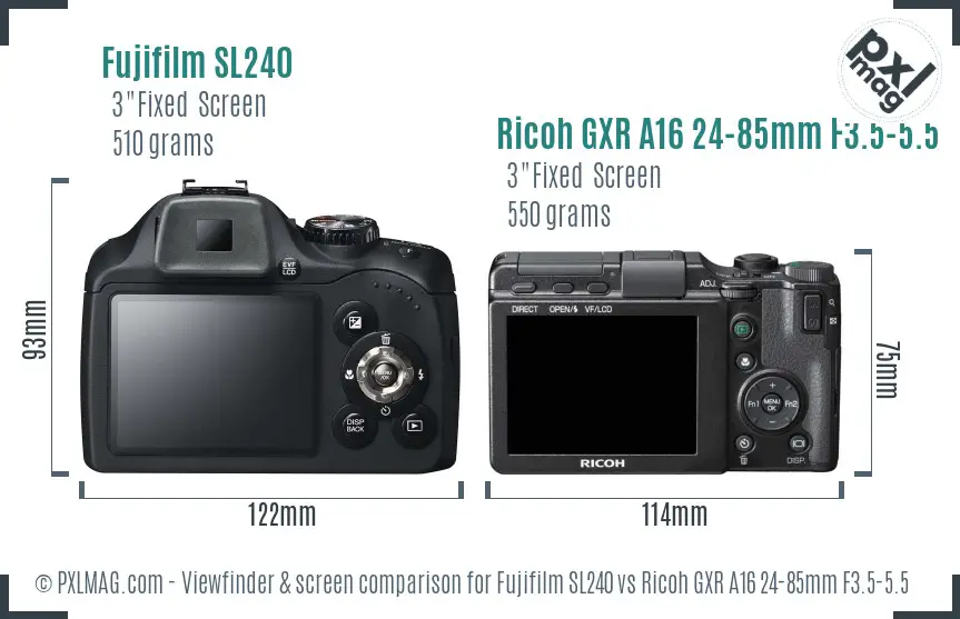 Fujifilm SL240 vs Ricoh GXR A16 24-85mm F3.5-5.5 Screen and Viewfinder comparison