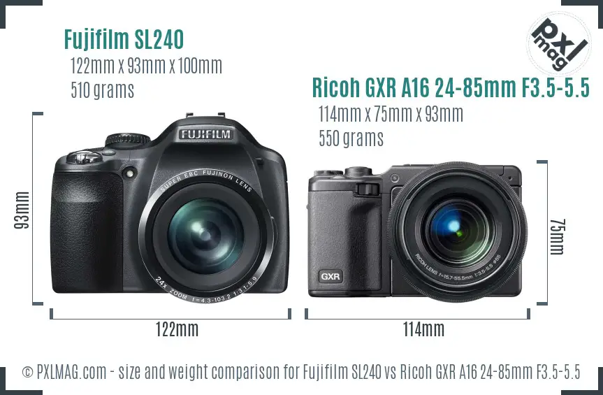 Fujifilm SL240 vs Ricoh GXR A16 24-85mm F3.5-5.5 size comparison