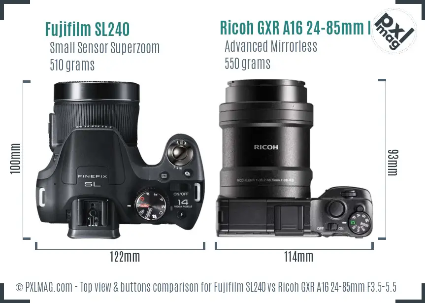 Fujifilm SL240 vs Ricoh GXR A16 24-85mm F3.5-5.5 top view buttons comparison