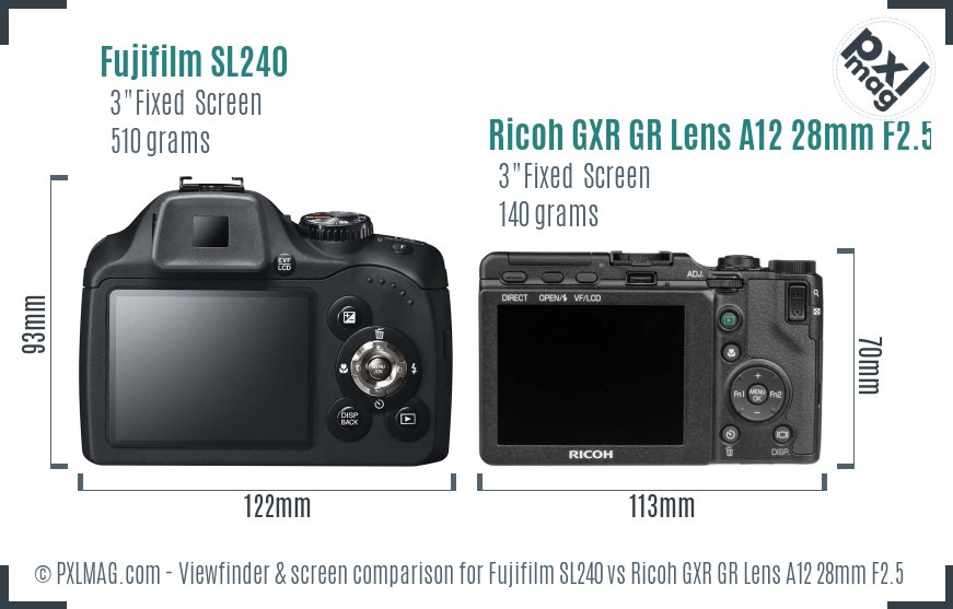 Fujifilm SL240 vs Ricoh GXR GR Lens A12 28mm F2.5 Screen and Viewfinder comparison