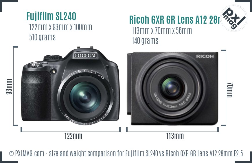 Fujifilm SL240 vs Ricoh GXR GR Lens A12 28mm F2.5 size comparison