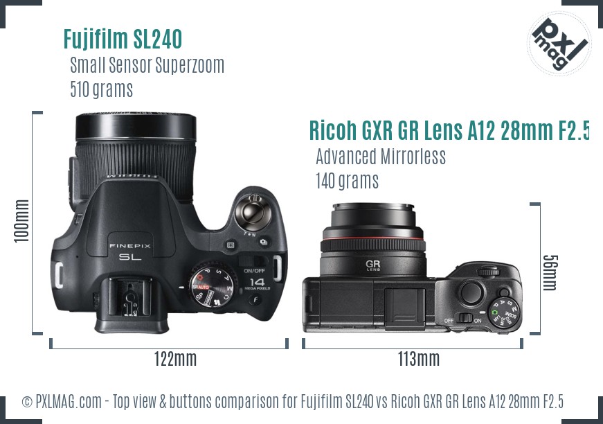 Fujifilm SL240 vs Ricoh GXR GR Lens A12 28mm F2.5 top view buttons comparison