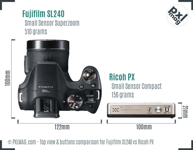 Fujifilm SL240 vs Ricoh PX top view buttons comparison Fujifilm SL240 vs Ricoh PX top view buttons comparison
