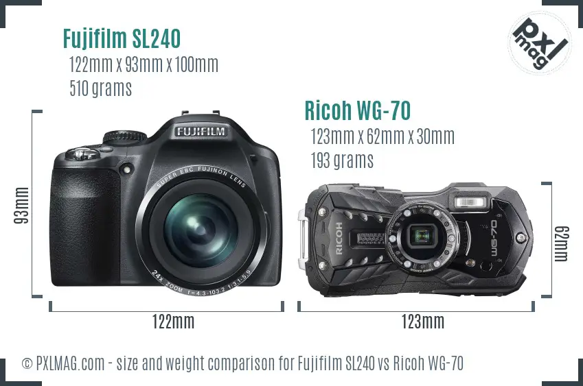 Fujifilm SL240 vs Ricoh WG-70 size comparison