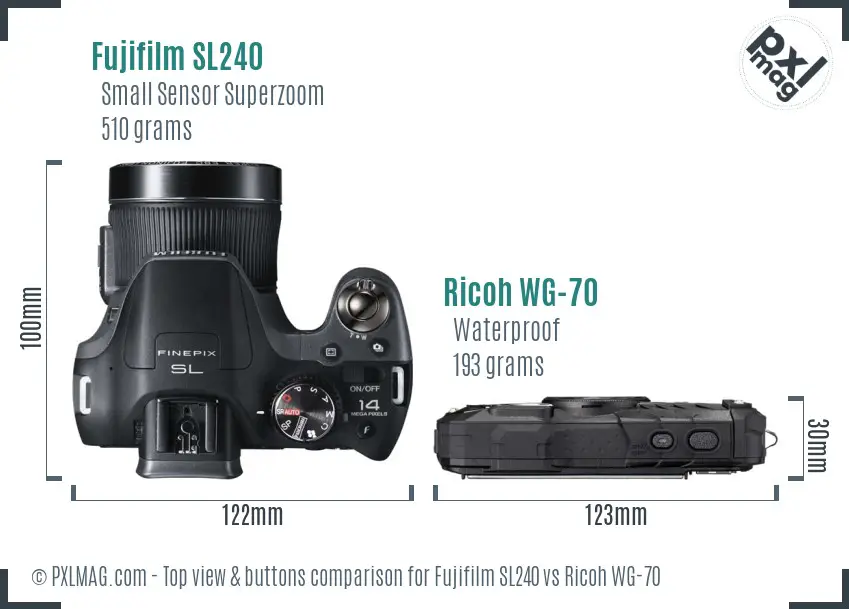 Fujifilm SL240 vs Ricoh WG-70 top view buttons comparison