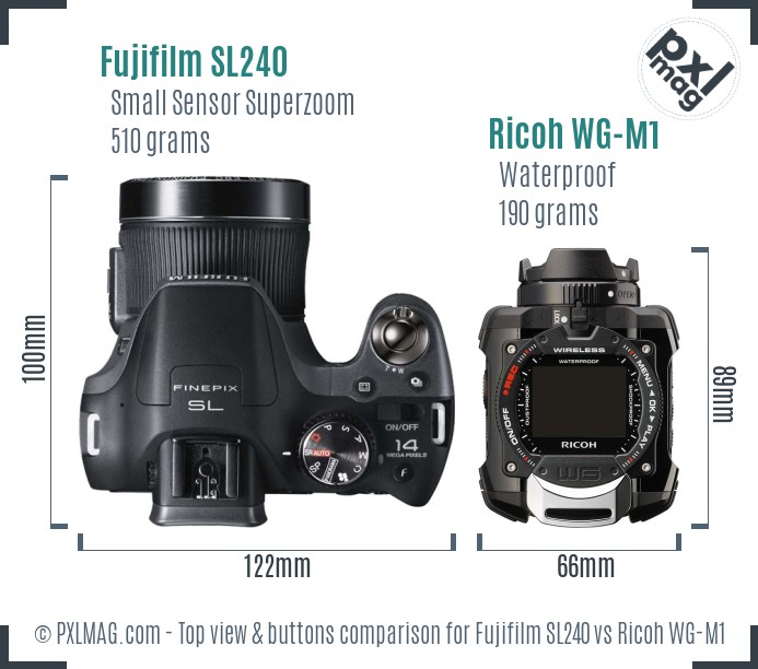 Fujifilm SL240 vs Ricoh WG-M1 top view buttons comparison