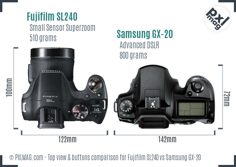 Fujifilm SL240 vs Samsung GX-20 top view buttons comparison