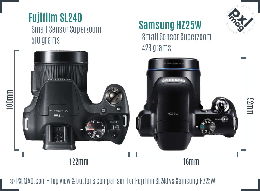 Fujifilm SL240 vs Samsung HZ25W top view buttons comparison