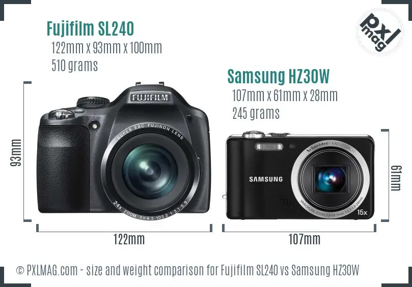 Fujifilm SL240 vs Samsung HZ30W size comparison