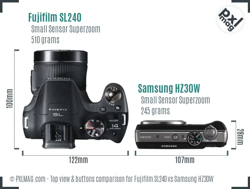 Fujifilm SL240 vs Samsung HZ30W top view buttons comparison