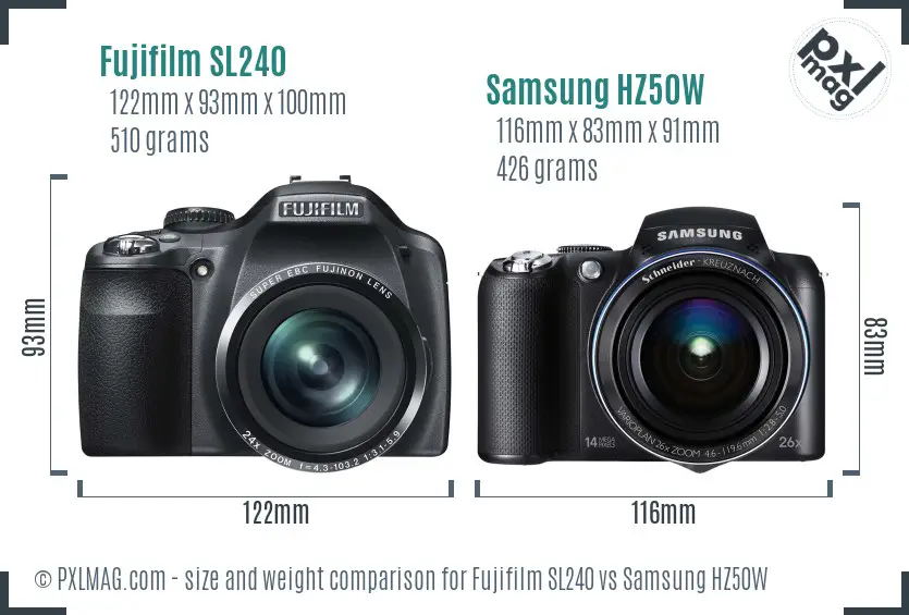Fujifilm SL240 vs Samsung HZ50W size comparison
