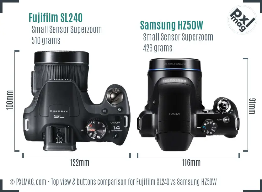 Fujifilm SL240 vs Samsung HZ50W top view buttons comparison