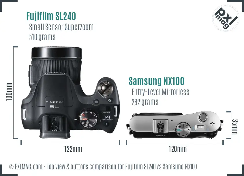 Fujifilm SL240 vs Samsung NX100 top view buttons comparison