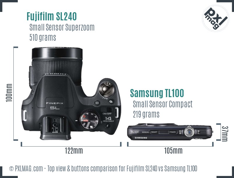 Fujifilm SL240 vs Samsung TL100 top view buttons comparison