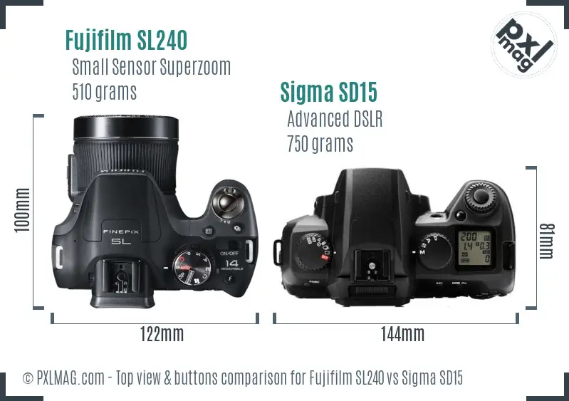 Fujifilm SL240 vs Sigma SD15 top view buttons comparison Fujifilm SL240 vs Sigma SD15 top view buttons comparison