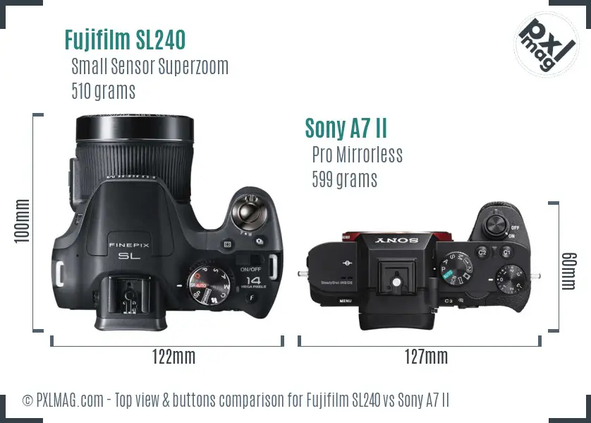 Fujifilm SL240 vs Sony A7 II top view buttons comparison Fujifilm SL240 vs Sony A7 II top view buttons comparison