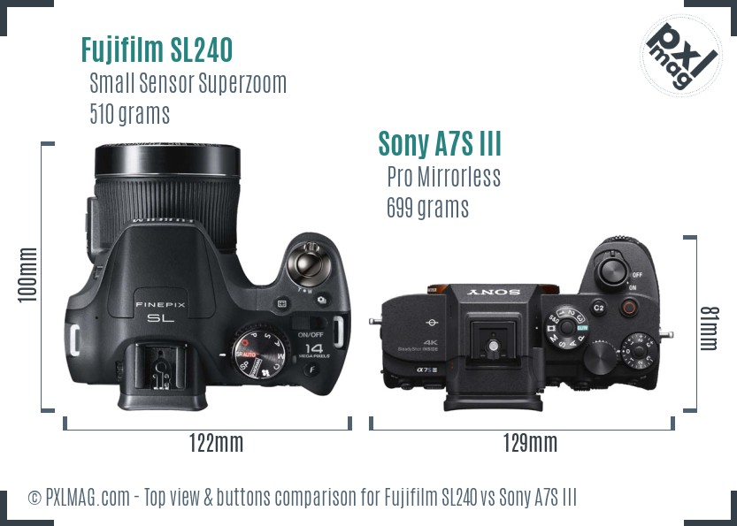 Fujifilm SL240 vs Sony A7S III top view buttons comparison