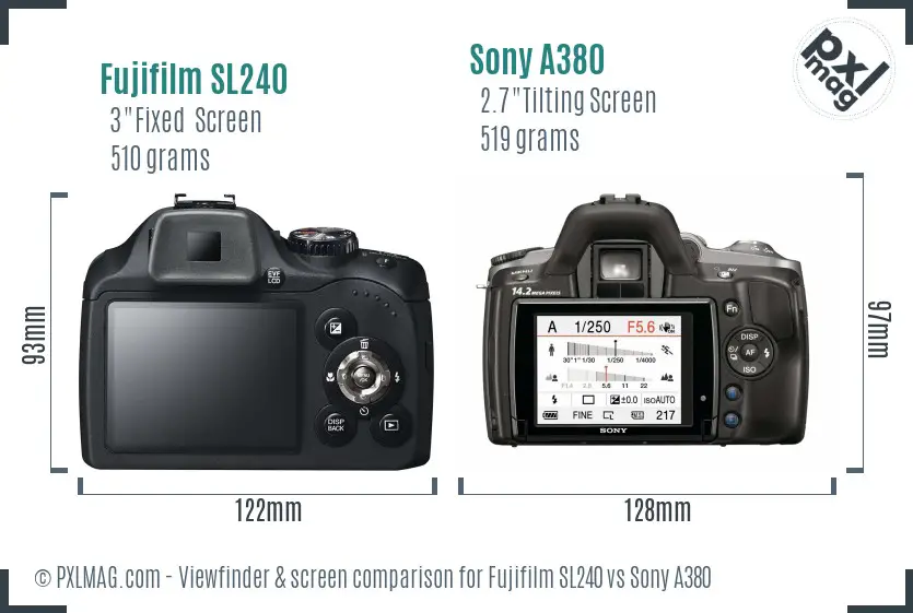 Fujifilm SL240 vs Sony A380 Screen and Viewfinder comparison