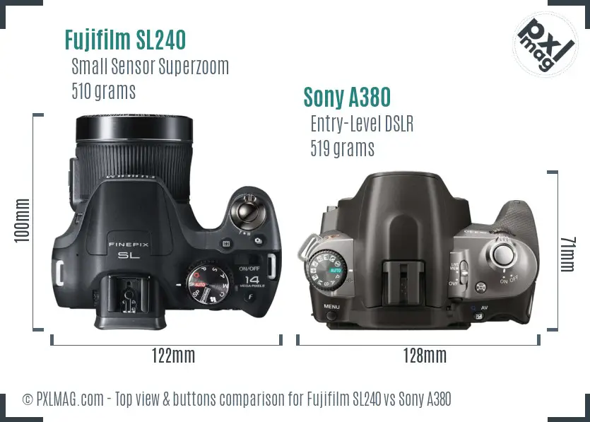 Fujifilm SL240 vs Sony A380 top view buttons comparison