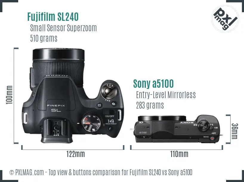 Fujifilm SL240 vs Sony a5100 top view buttons comparison