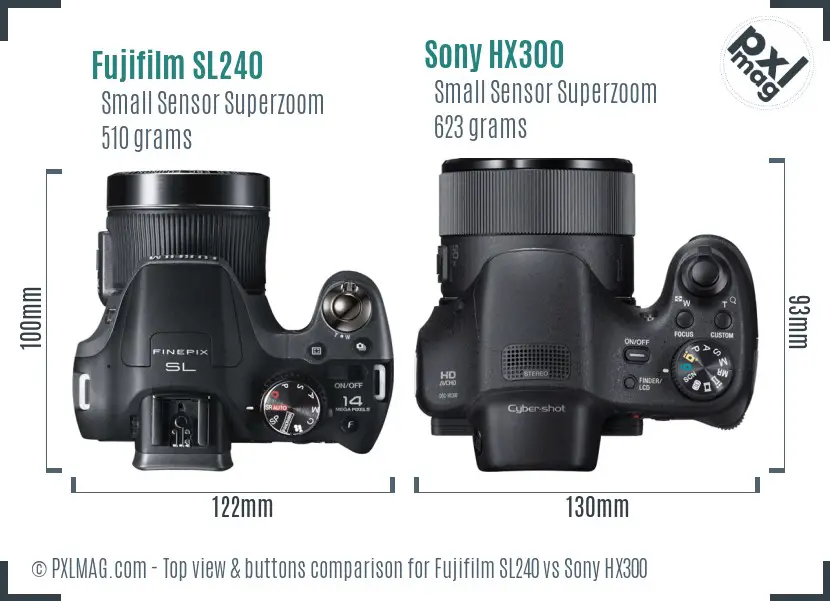 Fujifilm SL240 vs Sony HX300 top view buttons comparison