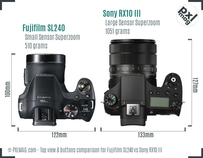 Fujifilm SL240 vs Sony RX10 III top view buttons comparison