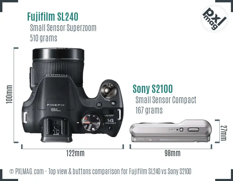 Fujifilm SL240 vs Sony S2100 top view buttons comparison Fujifilm SL240 vs Sony S2100 top view buttons comparison
