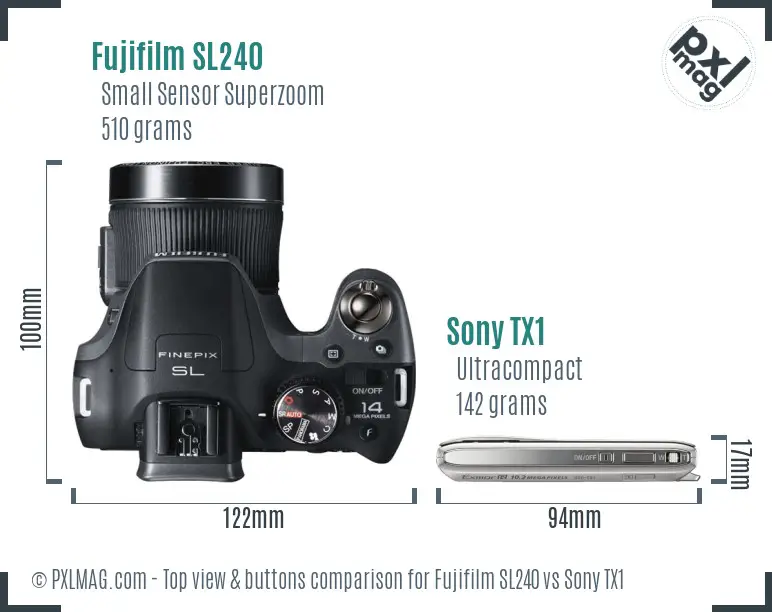 Fujifilm SL240 vs Sony TX1 top view buttons comparison