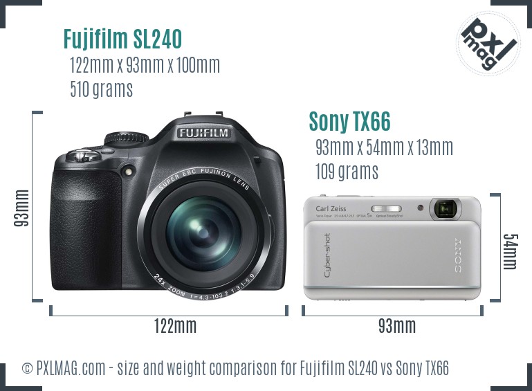 Fujifilm SL240 vs Sony TX66 size comparison