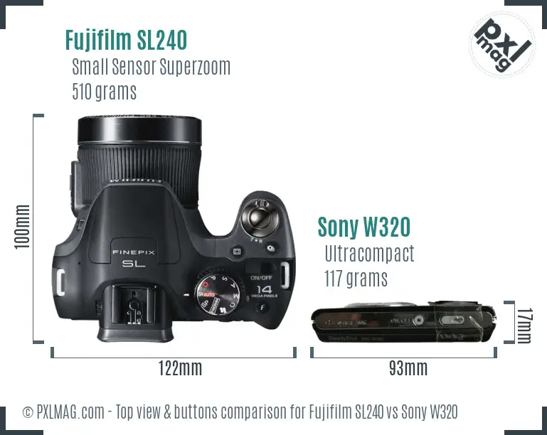 Fujifilm SL240 vs Sony W320 top view buttons comparison Fujifilm SL240 vs Sony W320 top view buttons comparison