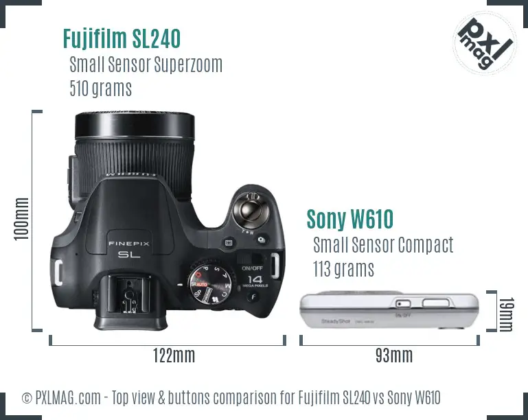 Fujifilm SL240 vs Sony W610 top view buttons comparison