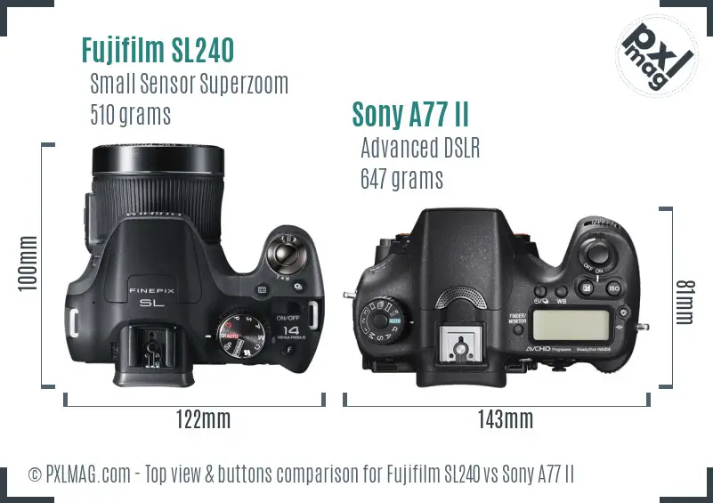 Fujifilm SL240 vs Sony A77 II top view buttons comparison Fujifilm SL240 vs Sony A77 II top view buttons comparison