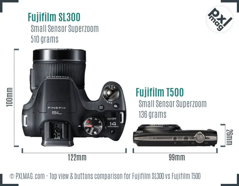 Fujifilm SL300 vs Fujifilm T500 top view buttons comparison