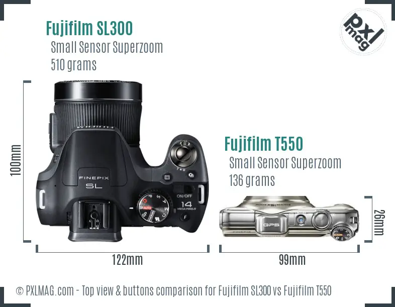 Fujifilm SL300 vs Fujifilm T550 top view buttons comparison