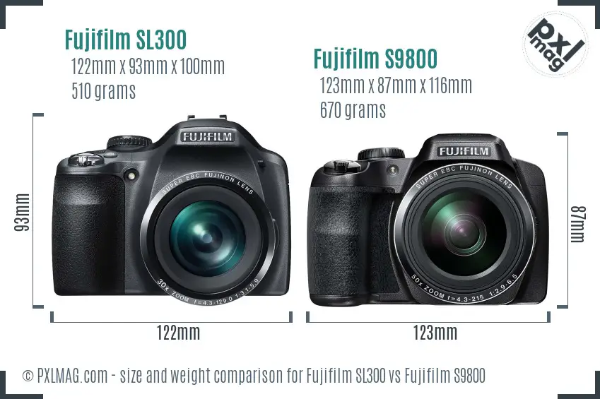 Fujifilm SL300 vs Fujifilm S9800 size comparison
