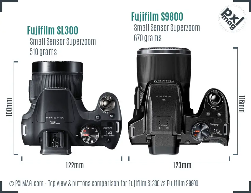 Fujifilm SL300 vs Fujifilm S9800 top view buttons comparison