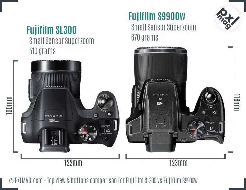 Fujifilm SL300 vs Fujifilm S9900w top view buttons comparison