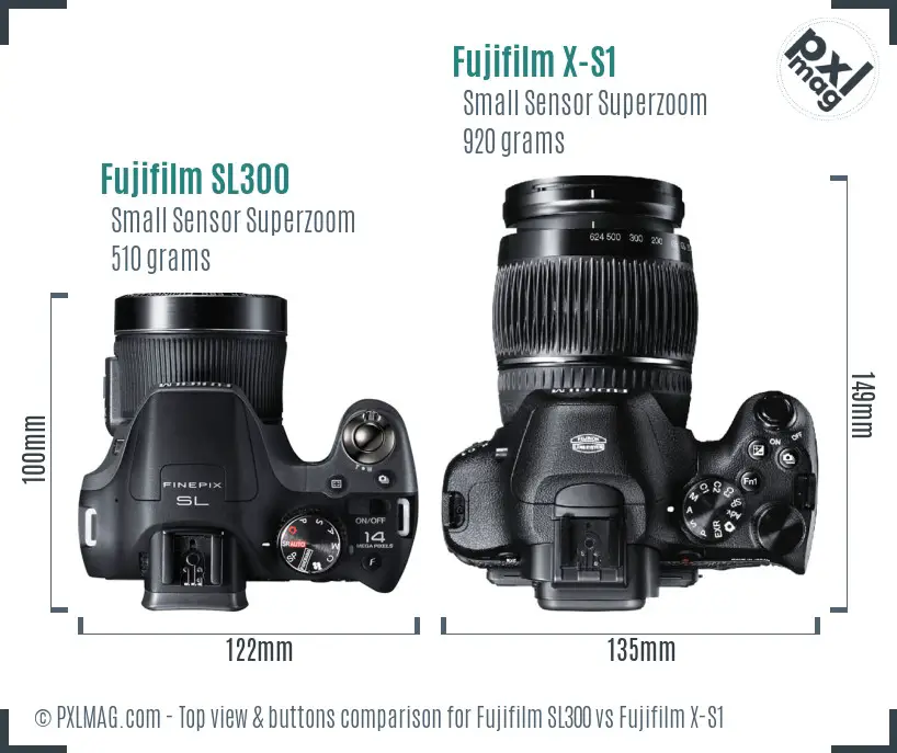 Fujifilm SL300 vs Fujifilm X-S1 top view buttons comparison Fujifilm SL300 vs Fujifilm X-S1 top view buttons comparison