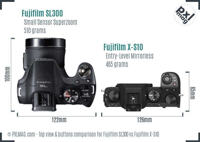 Fujifilm SL300 vs Fujifilm X-S10 top view buttons comparison