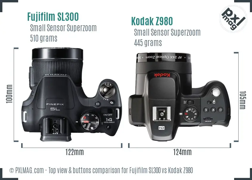 Fujifilm SL300 vs Kodak Z980 top view buttons comparison Fujifilm SL300 vs Kodak Z980 top view buttons comparison