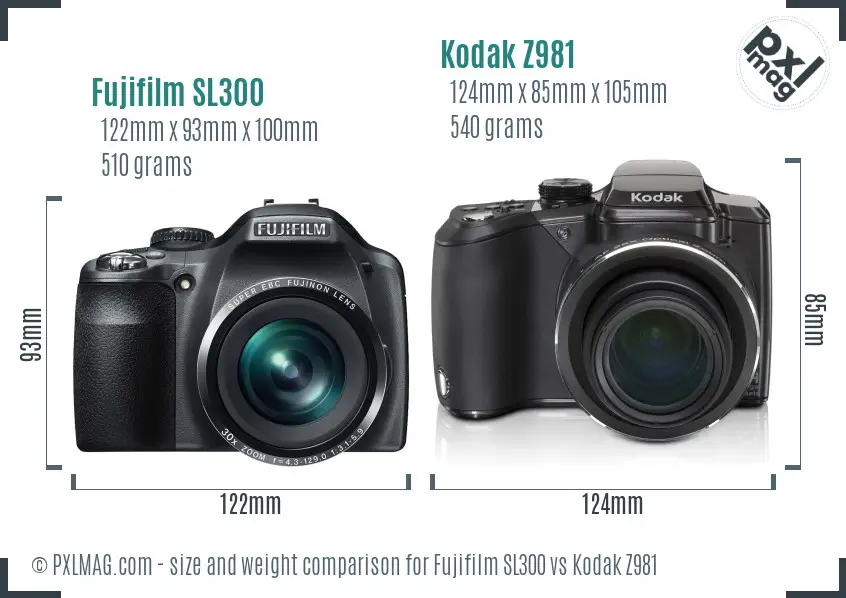 Fujifilm SL300 vs Kodak Z981 size comparison