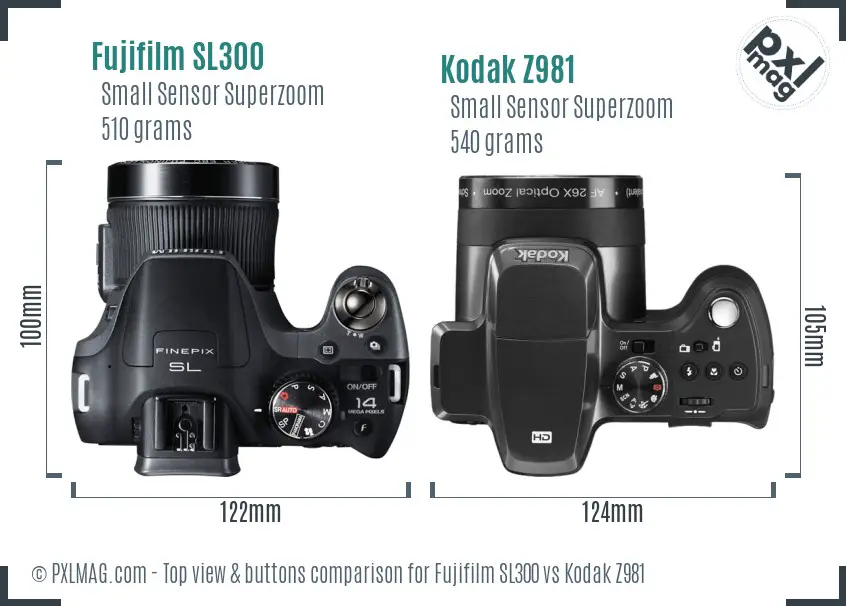 Fujifilm SL300 vs Kodak Z981 top view buttons comparison